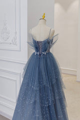 Blue Tulle Beads Long Ball Gown Dresses Blue Formal Dresses