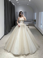 Champagne Strapless Tulle Lace Floor Length Prom Dresses