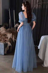 Blue tulle long prom Dresses A lin evening Dresses