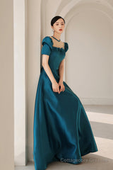 Blue satin long A line prom dress blue evening dress