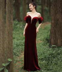 Burgundy Velvet Long Prom Dresses with Pearls, Mermaid Off Shoulder Evening Party Dresses