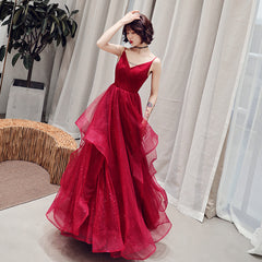 Burgundy v neck tulle long prom Dresses, formal Dresses