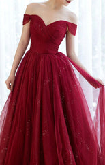 Urgundy Tulle Long Prom Dresses, A-Line Off The Shoulder Evening Dresses