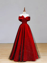 Burgundy Satin and Black Tulle Floor Length Prom Dresses