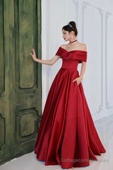 Burgundy satin long prom dress A line evening dress