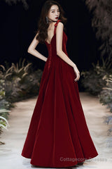 Burgundy velvet long A line prom dress evening dress