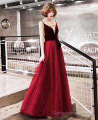 Burgundy velvet tulle prom dress evening dress