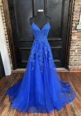 A-line Spaghetti Straps Sweep Train Tulle Prom Dresses With Lace Appliqued