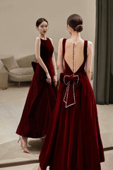 Burgundy velvet long A line prom Dresses with bow