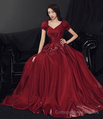 Burgundy satin long prom dress A line evening gown