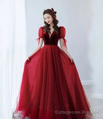 Burgundy velvet tulle long prom dress evening dress