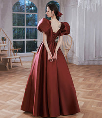 Burgundy v neck satin long prom gown A line formal gown