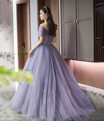 Purple Tulle Beaded Long Prom Dress, Off Shoulder Evening Party Dress