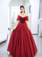 Burgundy Velvet and Tulle Long Prom Dresses