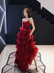 Burgundy tulle long prom gown formal dress