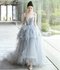 Gray Tulle Spaghetti Strap Long Prom Dresses, Gray V-Neck Evening Dresses