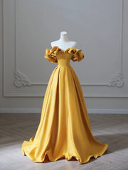 Yellow Saitn Long Prom Dress, Off Shoulder Evening Party Dress