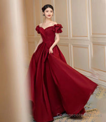 Burgundy satin long prom dress A line evening dress