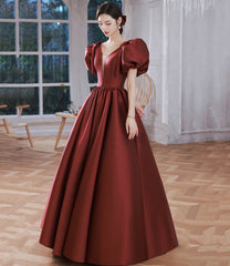 Burgundy v neck satin long prom gown A line formal gown