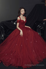 Burgundy tulle long prom dress A line evening dress