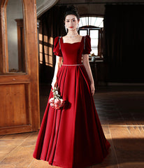 Burgundy Velvet Floor Length Prom Dresses, A-Line Short Sleeve Evening Dresses