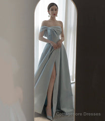 Blue satin long prom dress A line evening dress