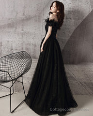 Black tulle beads long A line prom dress evening dress