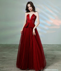 Burgundy tulle long prom dress formal dress