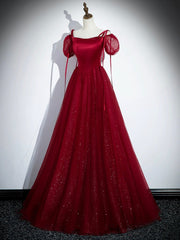 Burgundy Satin Tulle Floor Length Prom Party Dresses