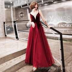 Burgundy velvet tulle prom dress evening dress