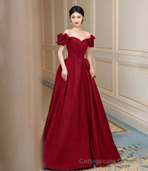 Burgundy satin long prom dress A line evening dress