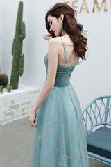 Blue tulle long A line prom dress blue evening dress