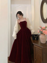 Spaghetti Straps Burgundy Velvet Prom Dresses Simple Prom Dresses Party Dresses