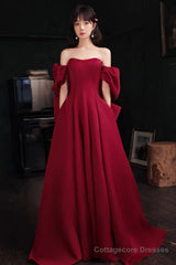 Burgundy satin long prom dress A line evening dress