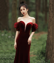 Burgundy Velvet Long Prom Dresses with Pearls, Mermaid Off Shoulder Evening Party Dresses