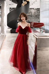 Burgundy velvet tulle long prom dress A line evening dress