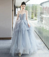 Gray Tulle Spaghetti Strap Long Prom Dresses, Gray V-Neck Evening Dresses