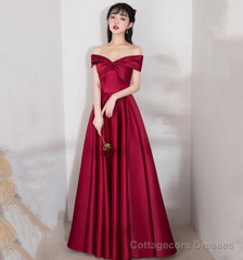 Burgundy satin long A line prom dress evening dress