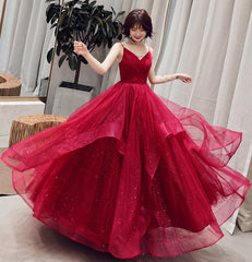 Burgundy v neck tulle long prom Dresses, formal Dresses