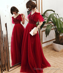 Burgundy tulle beads long A line prom dress evening dress