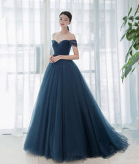 Elegant Tulle Long A-Line Prom Dresses, Blue Off the Shoulder Evening Party Dresses