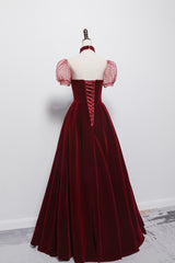 Cute velvet long prom Dresses burgundy A line evening Dresses