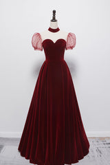 Cute velvet long prom Dresses burgundy A line evening Dresses