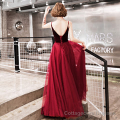 Burgundy velvet tulle prom dress evening dress