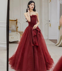 Burgundy tulle long A line ball gown Dresses formal Dresses