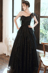 Black tulle sequins long prom Dresses A line evening Dresses