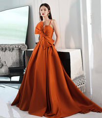 Orange satin long prom Dresses with bow A line formal Dresses