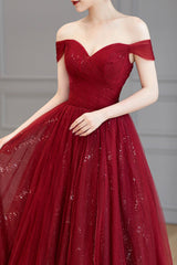 Urgundy Tulle Long Prom Dresses, A-Line Off The Shoulder Evening Dresses