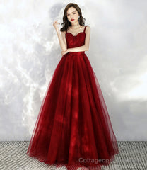 Burgundy tulle long A line prom dress evening dress