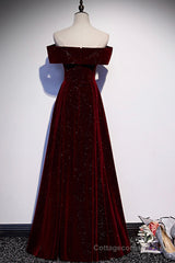 Burgundy velvet long A ling prom dress evening dress